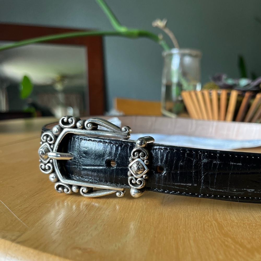 Black Leather Belt with Ornate Silver Buckle